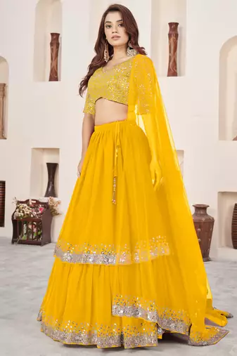 yellow sequins georgette lehenga set choli with dupatta