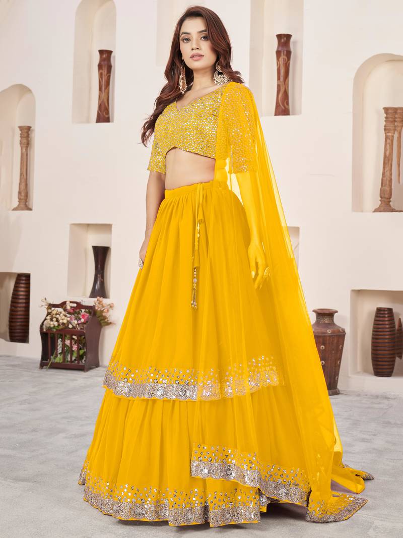 Incredible Yellow Sequins Georgette Engagement Wear Lehenga Choli