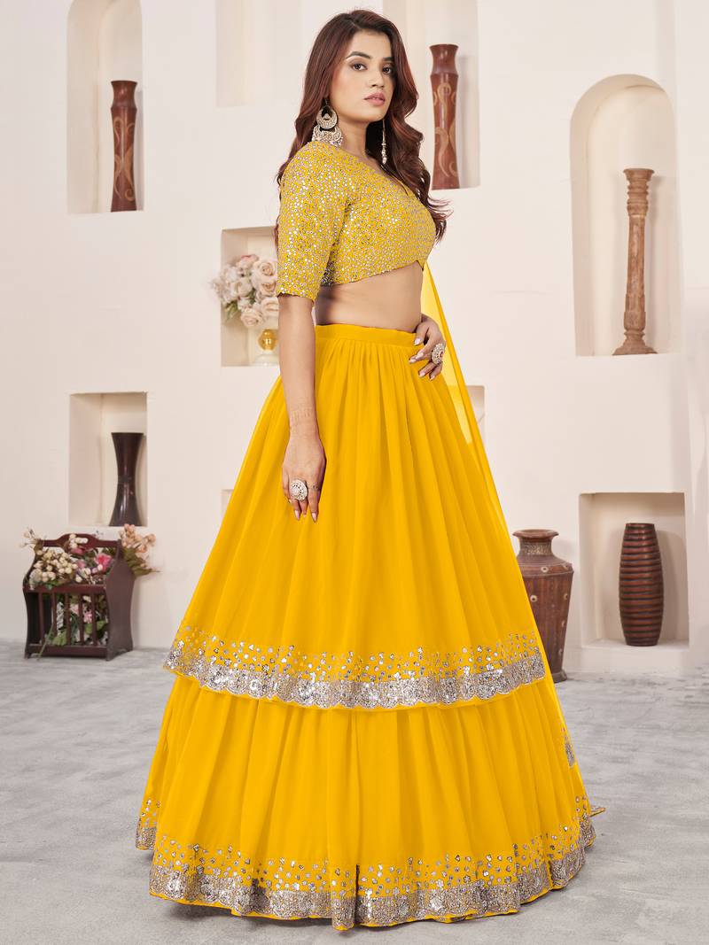 Incredible Yellow Sequins Georgette Engagement Wear Lehenga Choli