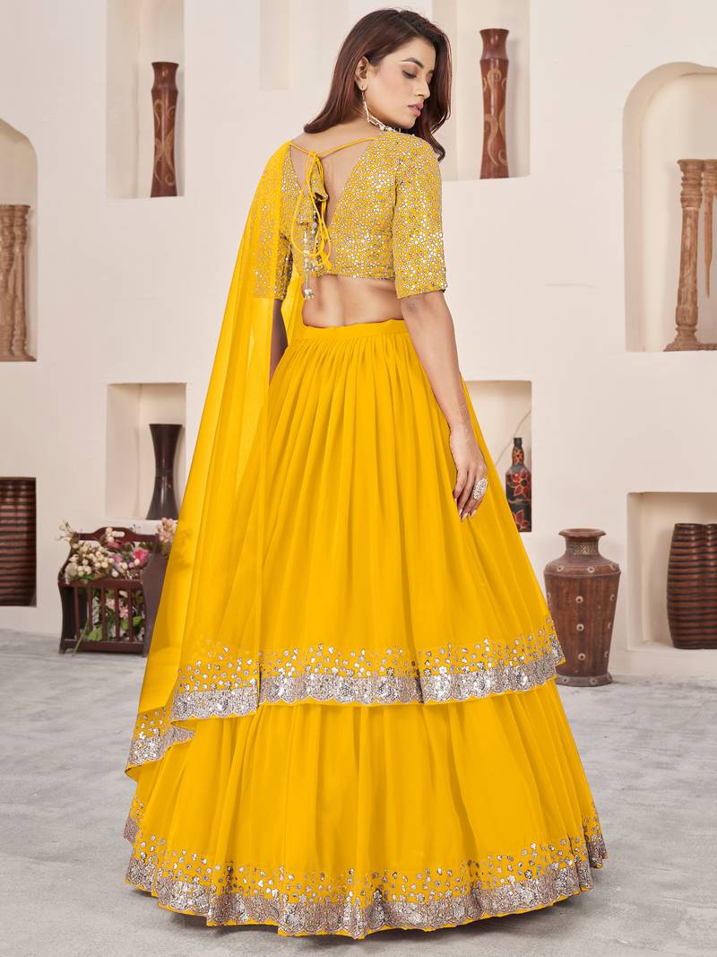 Incredible Yellow Sequins Georgette Engagement Wear Lehenga Choli