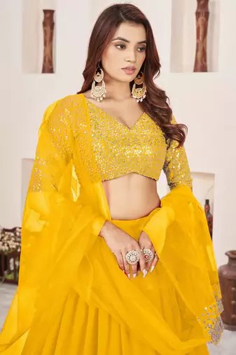 yellow sequins georgette lehenga set choli with dupatta