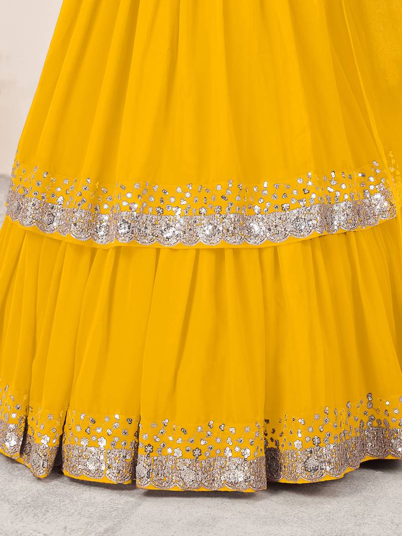 Incredible Yellow Sequins Georgette Engagement Wear Lehenga Choli