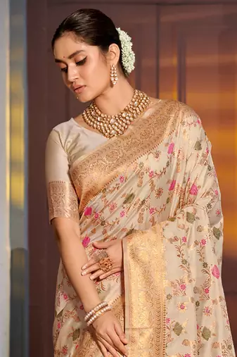 Cream banarasi art silk saree for women