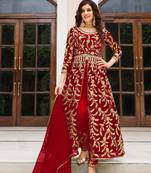 Red embroidered butterfly net semi stitched salwar suit