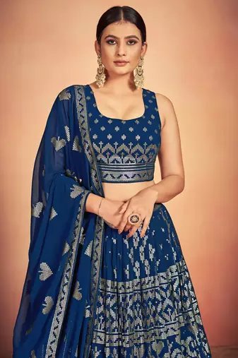 blue sequins embroidered georgette lehenga set choli with dupatta