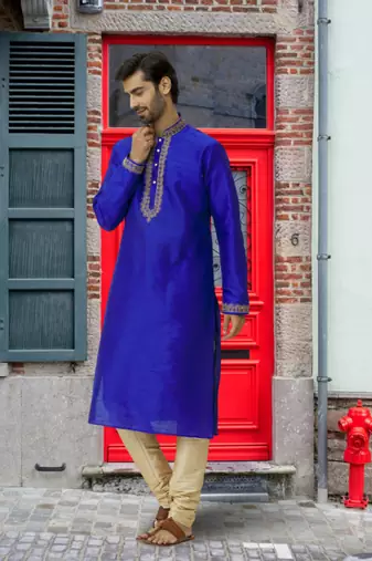 Blue art silk embroidered kurta churidar for men's indian traditional ethnic wear