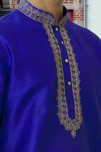 Blue art silk embroidered kurta churidar for men's indian traditional ethnic wear