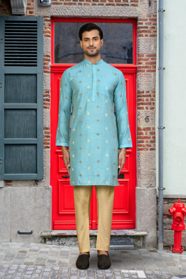 Sky blue art silk printed kurta pyjamas for men's indian traditional ethnic wear 1