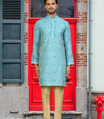 Sky blue art silk printed kurta pyjamas for men's indian traditional ethnic wear