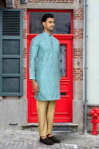 Sky blue art silk printed kurta pyjamas for men's indian traditional ethnic wear