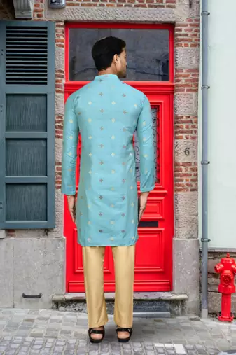 Sky blue art silk printed kurta pyjamas for men's indian traditional ethnic wear