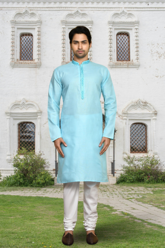 Sky blue art silk solid kurta churidar for men's indian traditional ethnic wear
