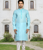 Sky blue art silk solid kurta churidar for men's indian traditional ethnic wear