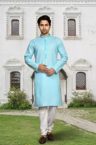 Sky blue art silk solid kurta churidar for men's indian traditional ethnic wear