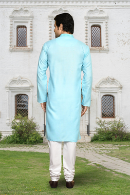 Sky blue art silk solid kurta churidar for men's indian traditional ethnic wear 3