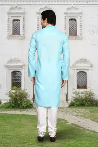 Sky blue art silk solid kurta churidar for men's indian traditional ethnic wear