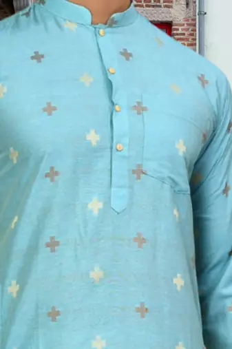 Sky blue art silk printed kurta pyjamas for men's indian traditional ethnic wear
