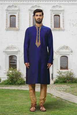 Blue art silk embroidered kurta churidar for men's indian traditional ethnic wear 1