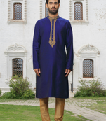 Blue art silk embroidered kurta churidar for men's indian traditional ethnic wear