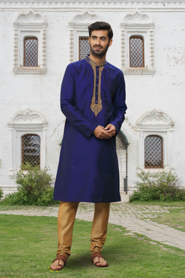 Blue art silk embroidered kurta churidar for men's indian traditional ethnic wear 2