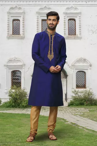 Blue art silk embroidered kurta churidar for men's indian traditional ethnic wear