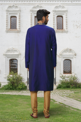 Blue art silk embroidered kurta churidar for men's indian traditional ethnic wear 3