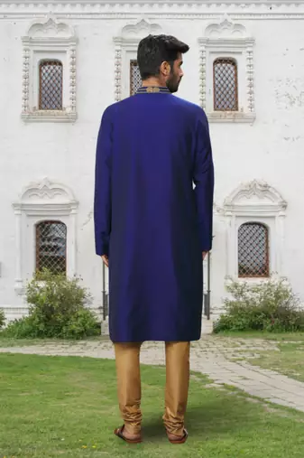 Blue art silk embroidered kurta churidar for men's indian traditional ethnic wear