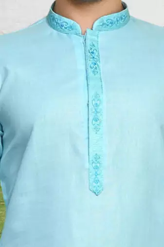 Sky blue art silk solid kurta churidar for men's indian traditional ethnic wear