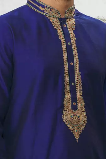 Blue art silk embroidered kurta churidar for men's indian traditional ethnic wear