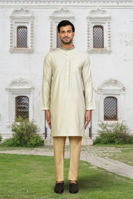 Cream art silk solid kurta pyjamas for men's indian traditional ethnic wear 1