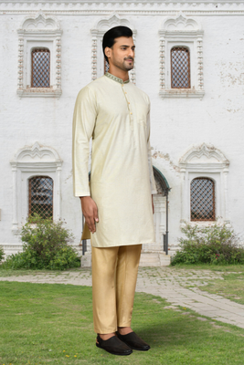 Cream art silk solid kurta pyjamas for men's indian traditional ethnic wear 2