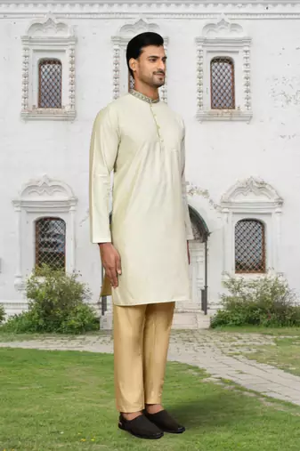 Cream art silk solid kurta pyjamas for men's indian traditional ethnic wear