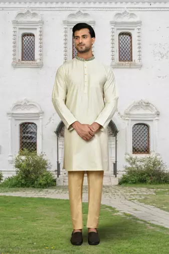Cream art silk solid kurta pyjamas for men's indian traditional ethnic wear