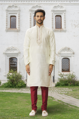Cream art silk embroidered kurta churidar for men's indian traditional ethnic wear 1
