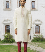 Cream art silk embroidered kurta churidar for men's indian traditional ethnic wear