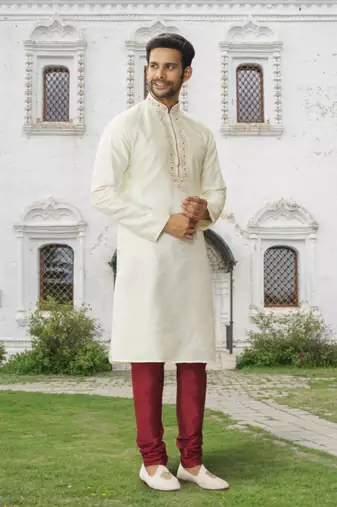 Cream art silk embroidered kurta churidar for men's indian traditional ethnic wear