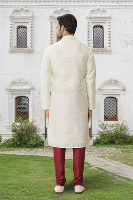 Cream art silk embroidered kurta churidar for men's indian traditional ethnic wear 3