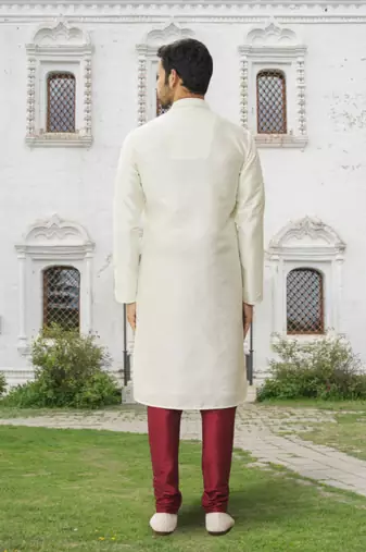 Cream art silk embroidered kurta churidar for men's indian traditional ethnic wear