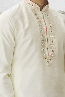 Cream art silk embroidered kurta churidar for men's indian traditional ethnic wear 4