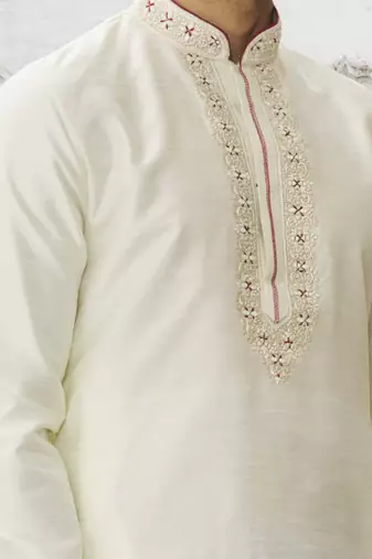 Cream art silk embroidered kurta churidar for men's indian traditional ethnic wear
