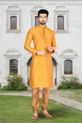 Yellow art silk solid kurta churidar for men's indian traditional ethnic wear 2