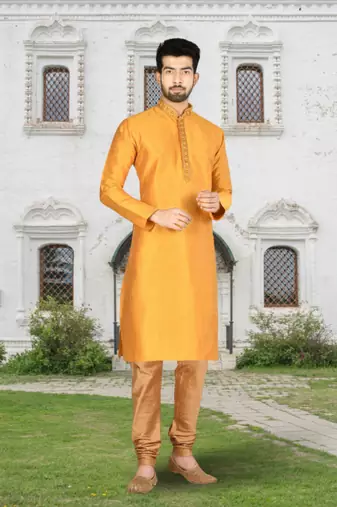 Yellow art silk solid kurta churidar for men's indian traditional ethnic wear