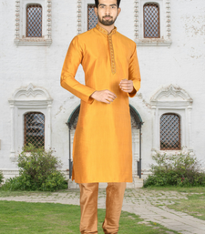 Yellow art silk solid kurta churidar for men's indian traditional ethnic wear