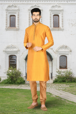 Yellow art silk solid kurta churidar for men's indian traditional ethnic wear 1