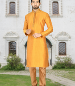 Yellow art silk solid kurta churidar for men's indian traditional ethnic wear