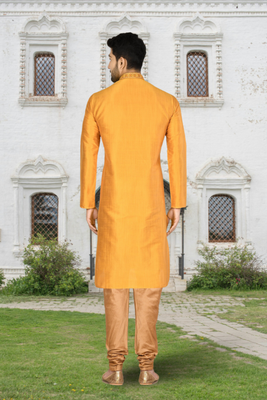 Yellow art silk solid kurta churidar for men's indian traditional ethnic wear 3