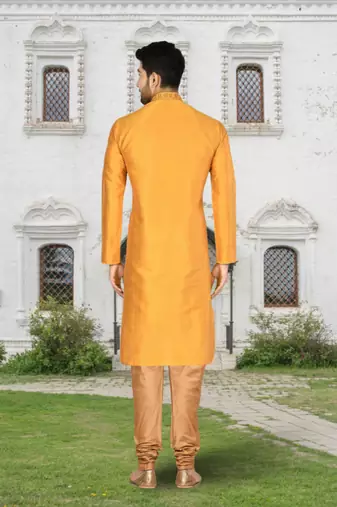 Yellow art silk solid kurta churidar for men's indian traditional ethnic wear