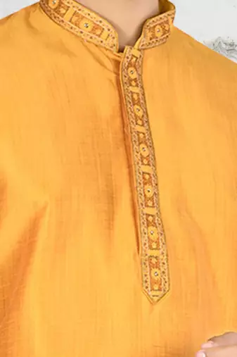 Yellow art silk solid kurta churidar for men's indian traditional ethnic wear