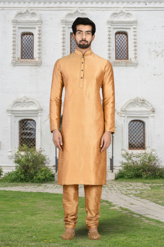 Chiku art silk solid kurta churidar for men's indian traditional ethnic wear