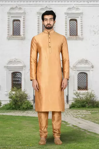 Chiku art silk solid kurta churidar for men's indian traditional ethnic wear